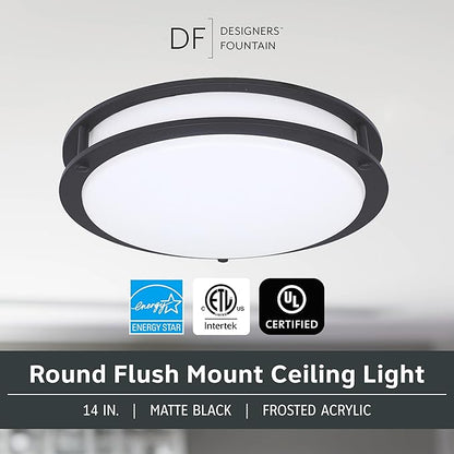 Designers Fountain Flush Mount Ceiling Light, 14 Inch Round LED DC Lighting Fixture Kitchen, Bedroom, Bathroom, and Hallway, Dimmable, 1400 Lumens, 3000K/4000K/5000K, Matte Black, EV1414C3C-43