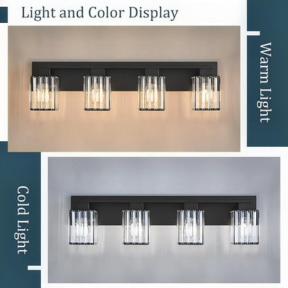 4-Light Black Crystal Vanity Light Bathroom Lighting Fixtures Over Mirror | Wall Sconces with Square Crystal Shades, E26 Socket, Modern Vanity Lights for Bathroom (Bulbs Not Included)