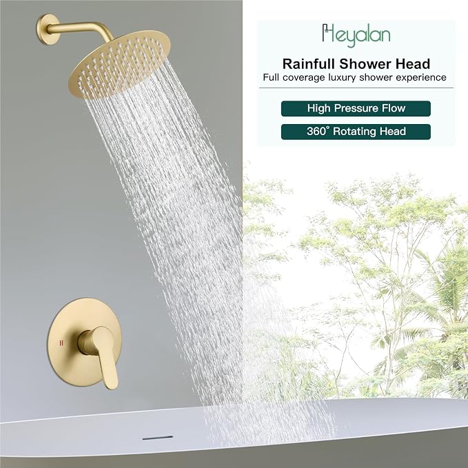 Heyalan 8-Inch Round Rain Shower Faucet Set with Valve,Brushed Gold | SUS304 stainless steel shower head, brass rough-in valve, single-handle control, 1.8 GPM, ideal for bathroom remodels