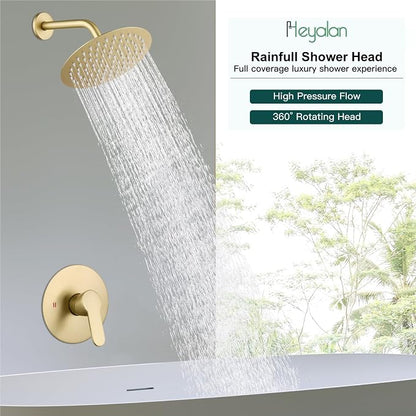 Heyalan 8-Inch Round Rain Shower Faucet Set with Valve,Brushed Gold | SUS304 stainless steel shower head, brass rough-in valve, single-handle control, 1.8 GPM, ideal for bathroom remodels