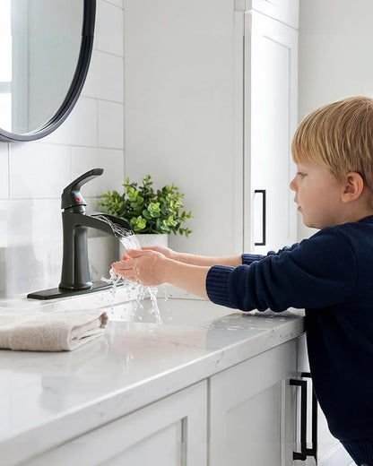 Fapully Bathroom Faucets Matte Black, Modern Waterfall Bathroom Sink Faucet with Single Handle for 1 or 3 Holes, Vanity Faucet with Deck Plate and Drain