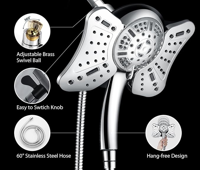 GRICH Shower Head with Handheld Spray - Dual High Pressure Showerhead | Rainfall Shower Heads Combo, Detachable Hand Shower, 9 Spray Settings, 60" Stainless Steel Shower Hose, 2.5GPM, Chrome