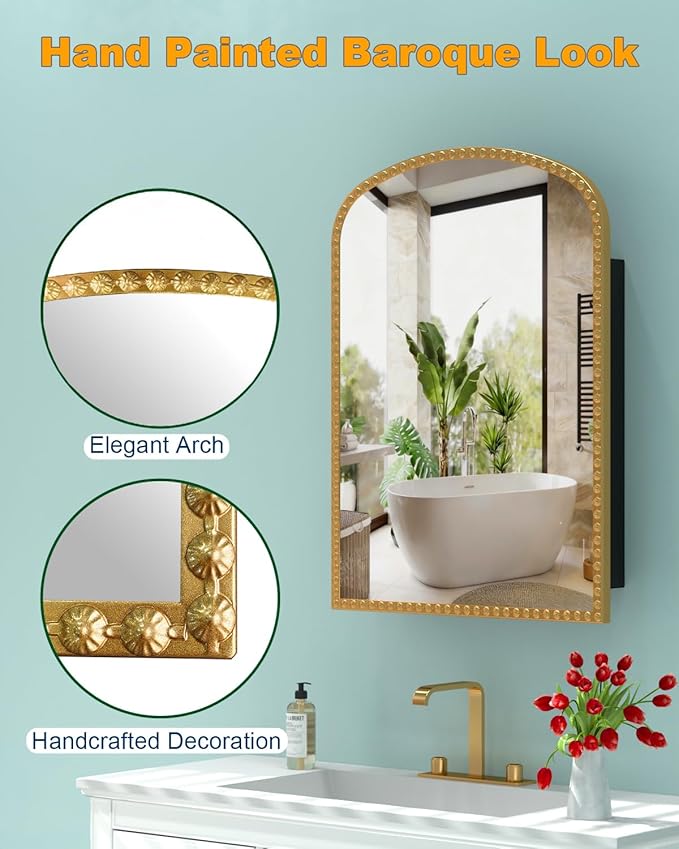 Bathroom Medicine Cabinet with Mirror, Wall Mount or Recessed Bathroom Mirror with Storage, Full-Metal 2 Adjustable Shelves and 1 Cabinet Organizer, Modern and Luxury Daisy Decor Bling Gold 20x28 Inch
