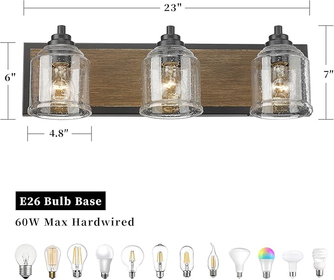 Vanity Lights for Bathroom Large 23", Farmhouse Rustic Vanity Light with Bubble Glass Shades, Brown 3 Light Bathroom Lighting Fixtures Over Mirror, Bath Wall Sconce Home Decor