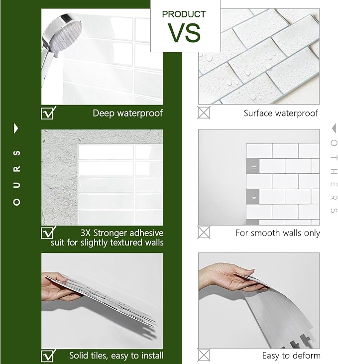 STICKGOO 10-Sheet Peel and Stick Backsplash Tile(Thicker Design) | Self Adhesive Vinyl Wall Tiles, 3D DIY Subway Tiles, Stick on Backsplash for Kitchen (Faux White Wall)