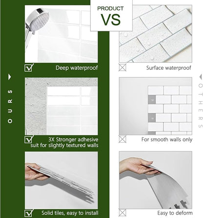 STICKGOO 10-Sheet Peel and Stick Backsplash Tile(Thicker Design) | Self Adhesive Vinyl Wall Tiles, 3D DIY Subway Tiles, Stick on Backsplash for Kitchen (Faux White Wall)