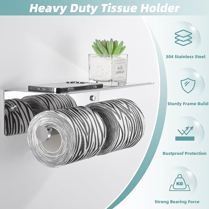 Polished Chrome Double Toilet Paper Holder with Shelf, Wall Mounted | 304 Stainless Steel, Rustproof for Bathroom, Restroom, Powder Room, Kitchen, 2-in-1 Functional Paper Roll & Phone Storage