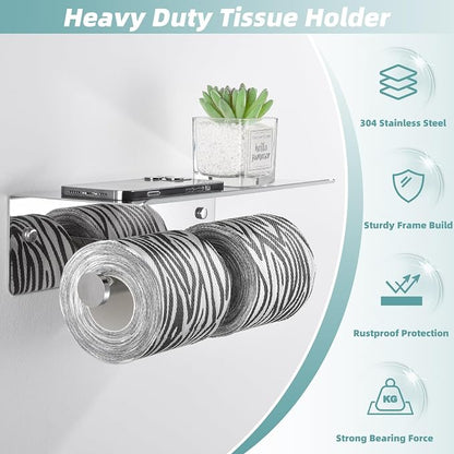 Polished Chrome Double Toilet Paper Holder with Shelf, Wall Mounted | 304 Stainless Steel, Rustproof for Bathroom, Restroom, Powder Room, Kitchen, 2-in-1 Functional Paper Roll & Phone Storage