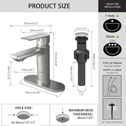 BELZ Brushed Nickel Bathroom Faucet, Modern Single Handle One Hole Bath Vanity Sink Faucet with Pop Up Drain and Deck Plate for 1 or 3 Holes