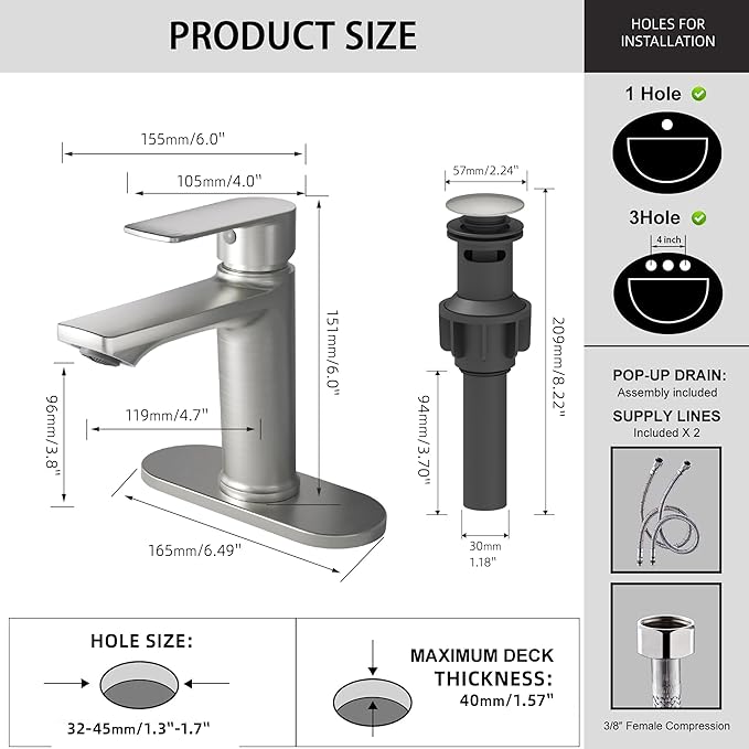 BELZ Brushed Nickel Bathroom Faucet, Modern Single Handle One Hole Bath Vanity Sink Faucet with Pop Up Drain and Deck Plate for 1 or 3 Holes