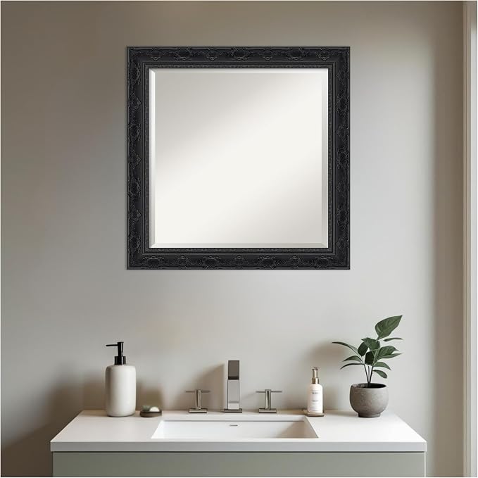 Amanti Art Black Bathroom Mirror for Over Sink, 24x24 Filigree Gloss Black Square Vanity Mirror, Medium Traditional Frame, Hangs Horizonally and Vertically, Bathroom Wall Decor, Beveled Edge