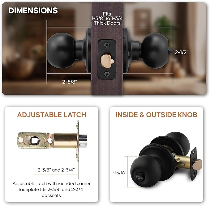 Copper Creek Privacy Interior Door Knob – ANSI Grade-3 Certified, Modern Heavy Duty Handle, Easy Install and Reversible for Bedroom, Bathroom and Closets – Matte Black (1 Pack)