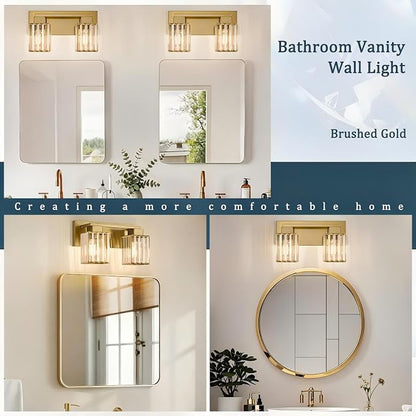Brushed Gold Bathroom Light Fixtures, 2-Light Vanity Light Over Mirror | Wall Sconces with Square Crystal Shades, E26 Socket, Modern Vanity Lights for Bathroom (Bulbs Not Included)