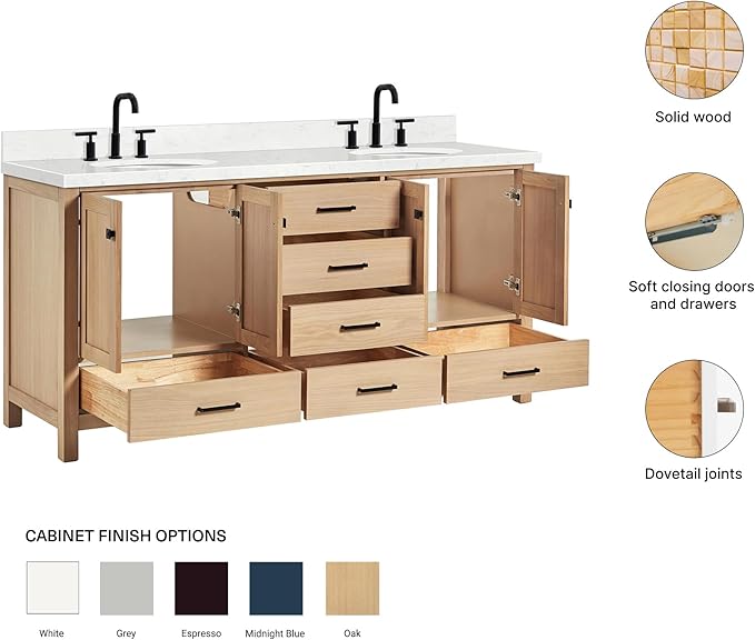 ARIEL Cambridge 72-inch Bathroom Vanity with Sink,Solid Wood, 1.5-inch Carrara White Quartz Countertop & Backsplash, Double Oval Porcelain Sink, 4 Soft Closing Doors, 6 Dovetail Drawers, White Oak