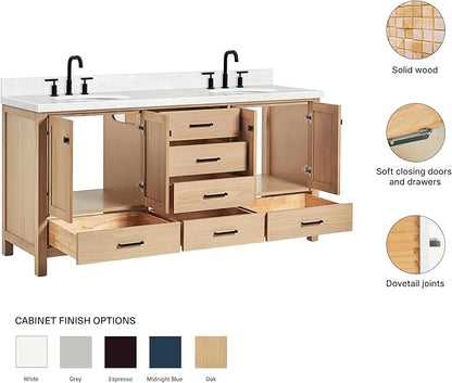 ARIEL Cambridge 72-inch Bathroom Vanity with Sink,Solid Wood, 1.5-inch Carrara White Quartz Countertop & Backsplash, Double Oval Porcelain Sink, 4 Soft Closing Doors, 6 Dovetail Drawers, White Oak