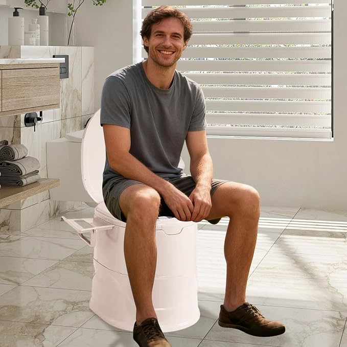 Portable Toilet for Camping, Indoor Outdoor Commode with 2 Detachable Inner Bucket, Removable Paper Holder, Toilet Brush, Travel Toilets for Camping, Hiking, Boat, Van, Emergency Use (Beige1)