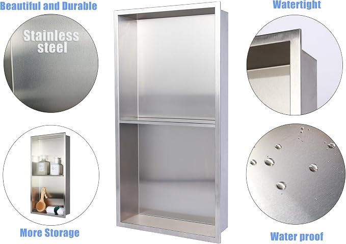 24 x 12 in Recessed Shower Niche with Double Shelves, Brushed Stainless Steel Wall Insert, No Tile Needed, Leakproof Built-in Storage for Bathroom, Kitchen, Bedroom