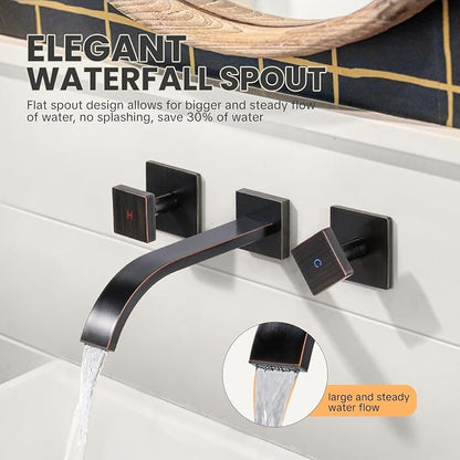 Wall Mount Bathroom Faucet 3 Hole Oil Rubbed Bronze Bathroom Faucet | Waterfall Bathroom Faucet with Two Handles, Brass Bathroom Sink Faucet with Rough-in Valve, Vessel Sink Faucet for Vanity