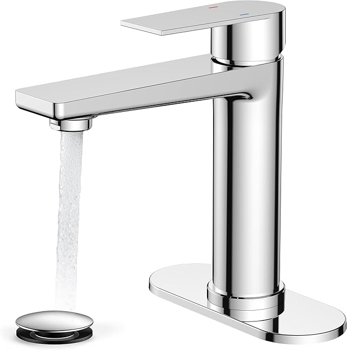 FORIOUS Polished Chrome Bathroom Faucet 1 Hole, Single Handle Single Hole Bathroom Faucet Chrome with Deck Plate and Pop Up Drain, CUPC Hoses for One Handle Vanity Sink, Rv, Camper