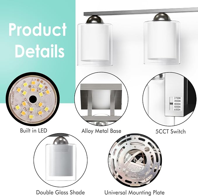 Quntis 5 Light Brushed Nickel Bathroom Light Fixtures, Modern Vanity Lights Over Mirror with 5 Colors & Stepless Dimmable, 33 Inch LED Bathroom Lighting with Milk White Frosted Glass (Bulbs Included)