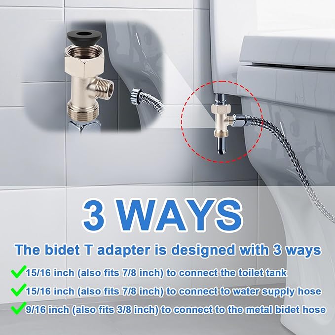 7/8"x7/8"x3/8" 3-Way T Valve Connector with Washer Universal Metal Adapter | T-Adapter for Shower Toilet Bidet Attachment Valve Hose Fitting Replacement Parts Accessories