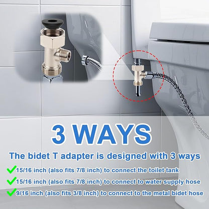 7/8"x7/8"x3/8" 3-Way T Valve Connector with Washer Universal Metal Adapter | T-Adapter for Shower Toilet Bidet Attachment Valve Hose Fitting Replacement Parts Accessories