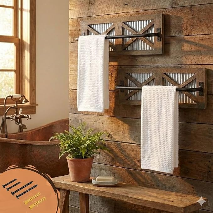Autumn Alley Farmhouse Rustic Towel Rack Holder - Wood Towel Rack - Farmhouse Towel Holder for Rustic Bathroom and Farmhouse Kitchen Style Décor - 18" Wall Mounted, Set of 2, Rustic Brown