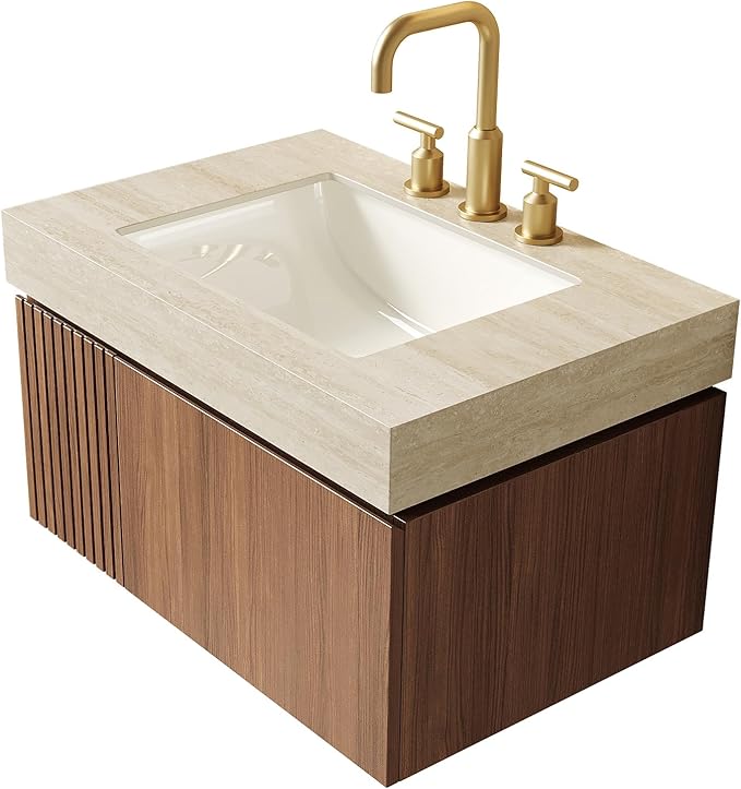 KEIKI 30 Inch Floating Bathroom Vanity with Sink, Modern Wall Mounted Storage Cabinet with Drawer, Pre-assembled Waterproof Wood Panels, Sintered Stone Top & Ceramic Basin Combo Set, Brown Oak & Beige