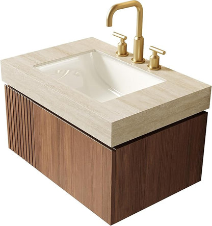 KEIKI 30 Inch Floating Bathroom Vanity with Sink, Modern Wall Mounted Storage Cabinet with Drawer, Pre-assembled Waterproof Wood Panels, Sintered Stone Top & Ceramic Basin Combo Set, Brown Oak & Beige