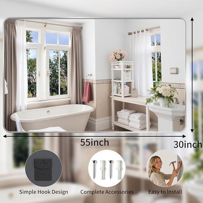 Bathroom Mirror, 30X55 Brushed Black Metal Framed Wall-Mounted Mirror for Over Sink, HD Tempered Glass, Anti-Rust, Rounded Rectangle Mirror for Restroom, Bedroom, Hangs Horizontal or Vertical, Silver