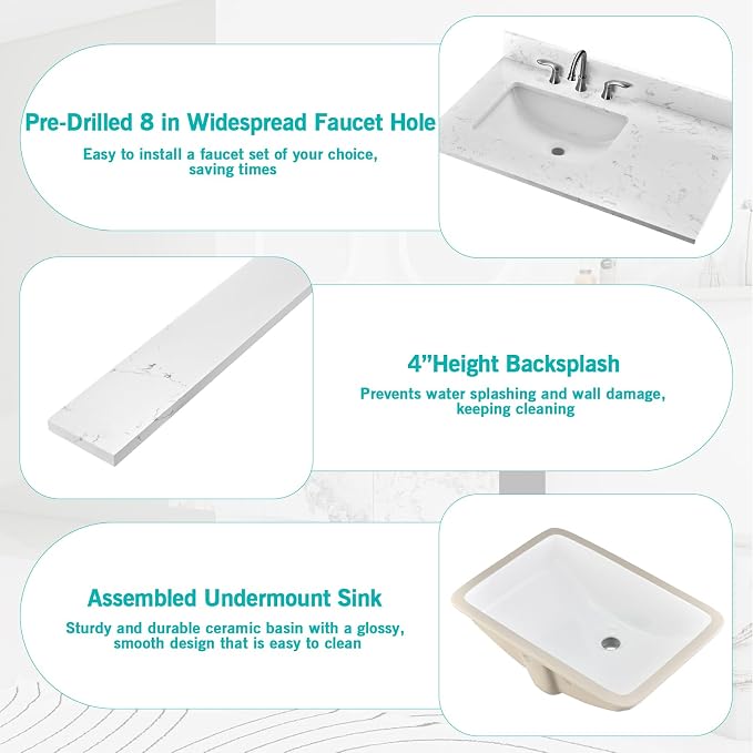 36"x22" Engineered Stone Bathroom Vanity Top with Rectangular Undermount Ceramic Left Offset Sink, 8 Inch Faucet Hole Spread with Backsplash Bathroom Vanity Sink Top (Cabinet Not Included)
