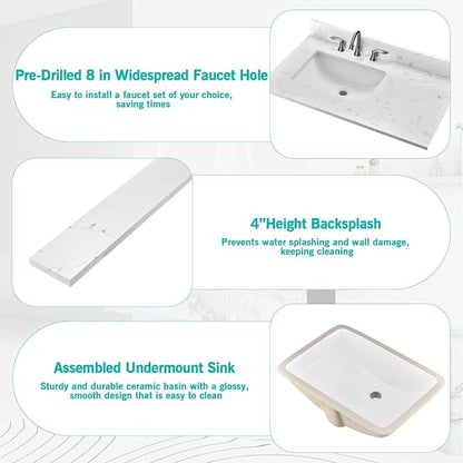 36"x22" Engineered Stone Bathroom Vanity Top with Rectangular Undermount Ceramic Left Offset Sink, 8 Inch Faucet Hole Spread with Backsplash Bathroom Vanity Sink Top (Cabinet Not Included)