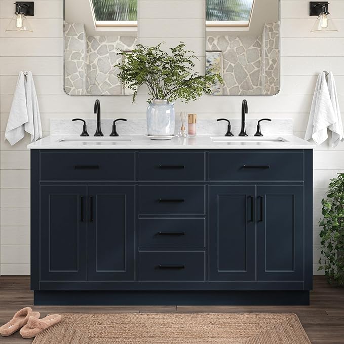 ARIEL Hepburn 60-inch Bathroom Vanity with Sink,Solid Wood, 0.75-inch Italian Carrara Marble Countertop, Double Rectangular Porcelain Sink, 4 Soft Closing Doors, 6 Dovetail Drawers, Midnight Blue