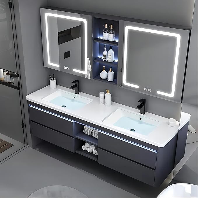 55IN Double Sink Vanity, 4 Drawers, Two LED Smart Touch Mirror Cabinets, Open Center Compartment, Body Sensor Lights, Wall Mounted Storage Vanity (67IN)