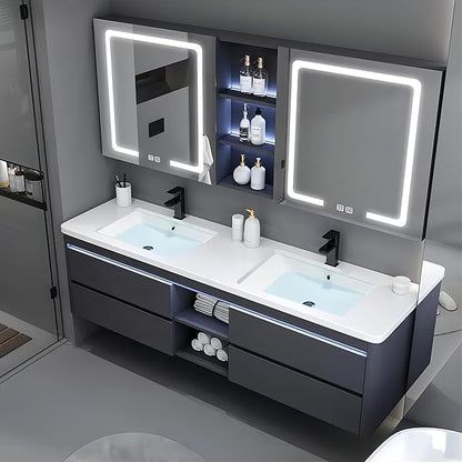55IN Double Sink Vanity, 4 Drawers, Two LED Smart Touch Mirror Cabinets, Open Center Compartment, Body Sensor Lights, Wall Mounted Storage Vanity (75IN)