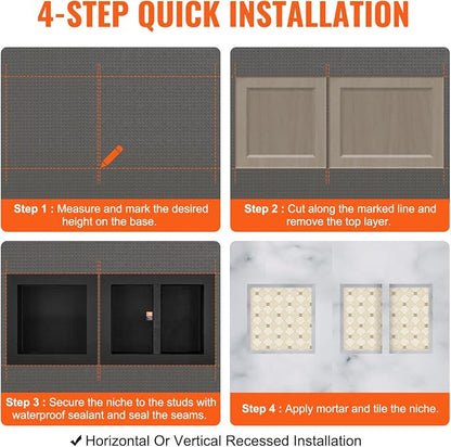VEVOR Shower Niche Ready for Tile 16" x 16" & 16" x 20", Triple Shelf Organizer, Square Corners Wall-Inserted Niche Recessed, Sealed Protection Modern Soap Storage Niche for Shower Bathroom, Black