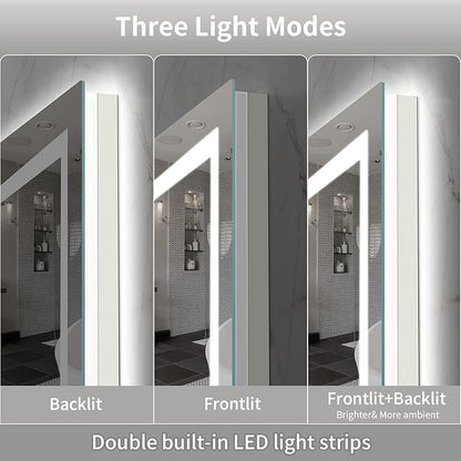 LED Mirror for Bathroom, 66x40 Inch Backlit + Front Lighted Bathroom Vanity Mirror with Lights for Wall, Double Light Strips, 3 Colors, Shatter-Proof, Anti-Fog and Brightness Memory