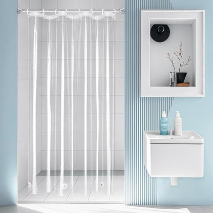 EurCross 48 x 84 inch Extra Long Stall Shower Curtain Liner with 3 Magnet Weights and Hooks, Heavy Duty Waterproof 9G PEVA Transparent Plastic Long Stall Shower Curtain, 8 Metal Grommets.