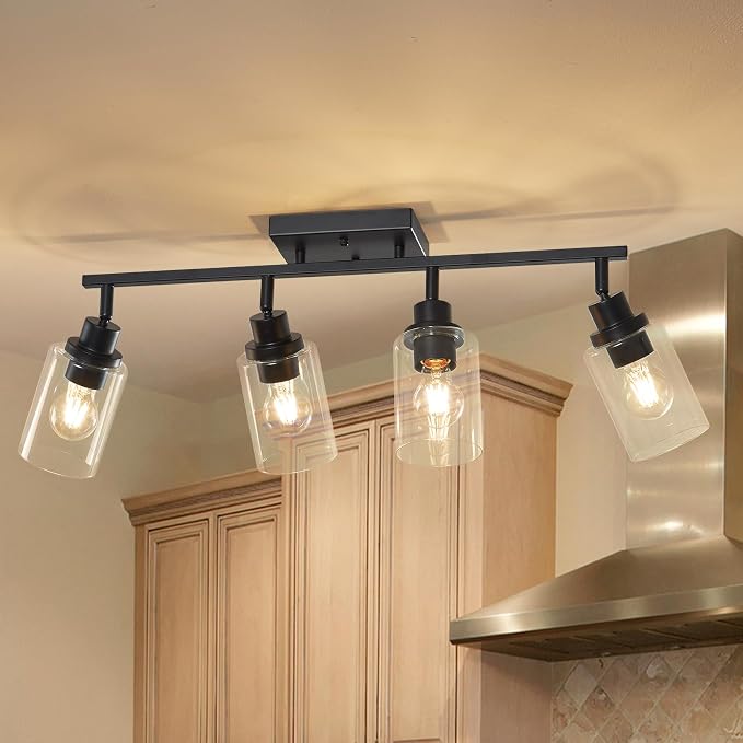LOUSACE 4 Light Kitchen Track Light Fixtures Ceiling Vanity Lights Black, Bathroom Track Lighting Kit w/Rotatable Heads & Clear Glass Shade, Modern Wall Ceiling Tracking Light for Accent Shop Hallway