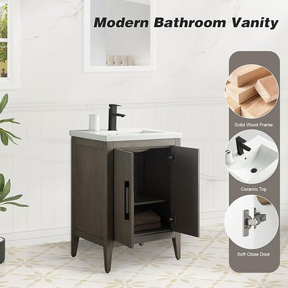 HomeBeyond 24 Inch Bathroom Vanity with Sink & Ceramic Top, Single Vanity Cabinet with Basin, Soft-Closing Doors & Matte Black Hardware, Driftwood Gray