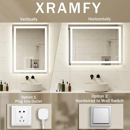 XRAMFY 38''X26'' LED Bathroom Mirror, Wall Mirror with Lights | Wall Mirror with Front and Backlight, 3 Colors Vanity Mirror with Lights, Anti-Fog Wall Mirror for Bathroom