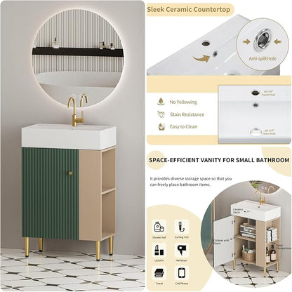 21.6" Freestanding Bathroom Vanity with Ceramic Sink, Green | Ceramic Sink, Wave-Pattern Door & Two-Layer Right Open Compartment, Bathroom Storage Cabinet, Easy Installation