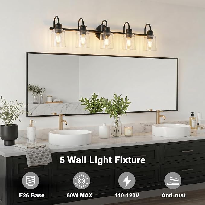 5 Lights Bathroom Light Fixtures Modern Black Vanity Lights | ETL Certificate, Easy to Install,Wall Mount Up or Down,Thickened Glass Lampshade,E26 Socket,Hardwired