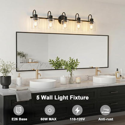 5 Lights Bathroom Light Fixtures Modern Black Vanity Lights | ETL Certificate, Easy to Install,Wall Mount Up or Down,Thickened Glass Lampshade,E26 Socket,Hardwired