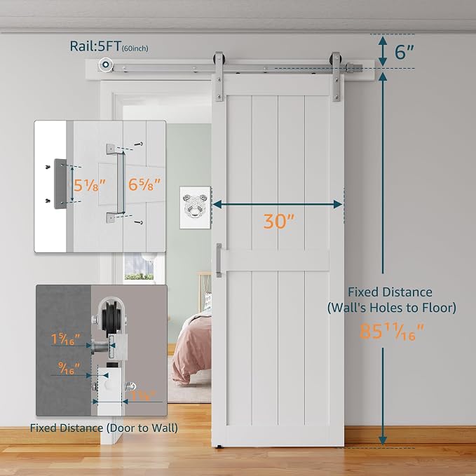 30''x84'' Sliding Barn Door with 5 Ft Brushed Nickel Hardware Kit | Pre-Drilled Holes Easy Assembly - Include Installation Manual, Water-Proof PVC Surface, H-Frame, White