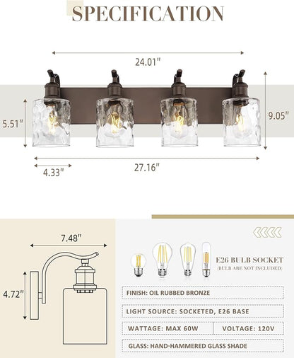 4-Light Bathroom Vanity Light,Hammered Glass,Oil Rubbed Bronze | 27 Inch Over Mirror Wall Light,E26 sockets,for bathroom mirror,powder room,dressing area