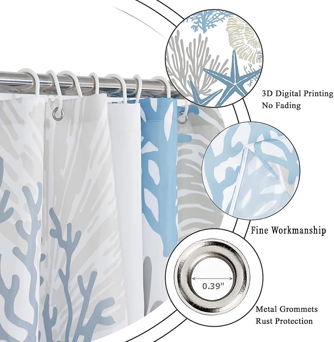 Nautical Coastal Shower Curtain, Blue Ocean Beach Seashell Starfish Themed Bathroom Curtain Waterproof Fabric Machine Washable with Hooks, 48" Wx72 L