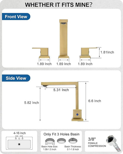 8 Inch Brass Bathroom Faucet 3 Hole, 2 Handle Brushed Gold Faucets for Bathroom Sinks with Pop up Drain, Pre-Installed cUPC Water Hoses & Removable Aerator for Vanity, Modern, No Noise