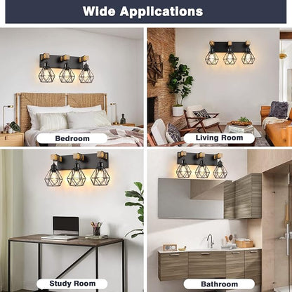 maesta 3 Light Bathroom Vanity Light, Farmhouse Black Fixture Over Mirror | Farmhouse Bathroom Light Fixtures, Wood & Metal, Anti-Rust, Easy to Install for Rustic Bathroom Hallway