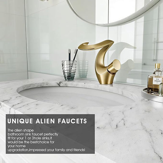 Elegant Alien Brushed Gold Bathroom Sink Faucet Single Hole,AUU Waterfall Vanity Sink Faucet Solid Brass,Single Handle Basin Tap with Pop Up Drian&Deck Plate